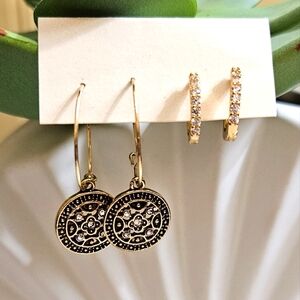 Goldtone Medallion And Hoop Earring Set